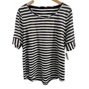 Talbots Shirt Womens Large Black White Striped Ruffle Sleeve Metallic Tee Top